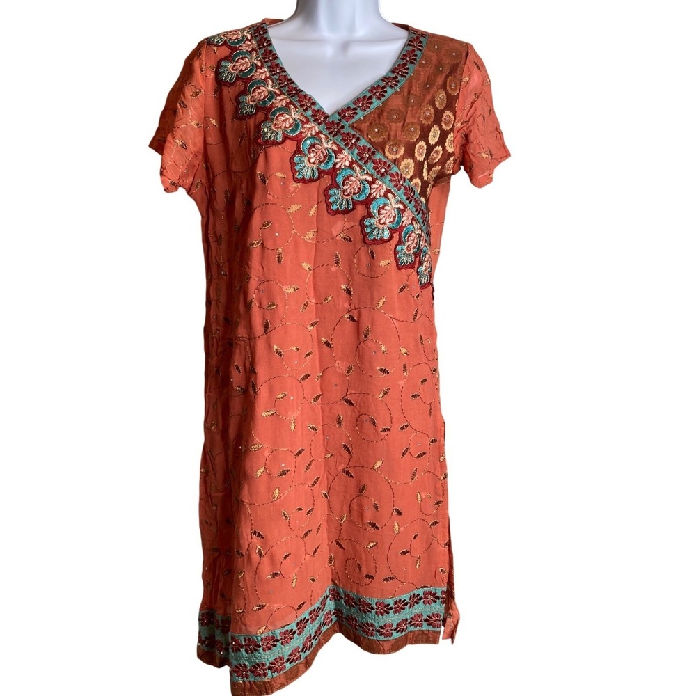 Sahiba‎ Orange Embroidered Wrap Kurti Tunic Dress Est Sz L Boho-Chic Festival